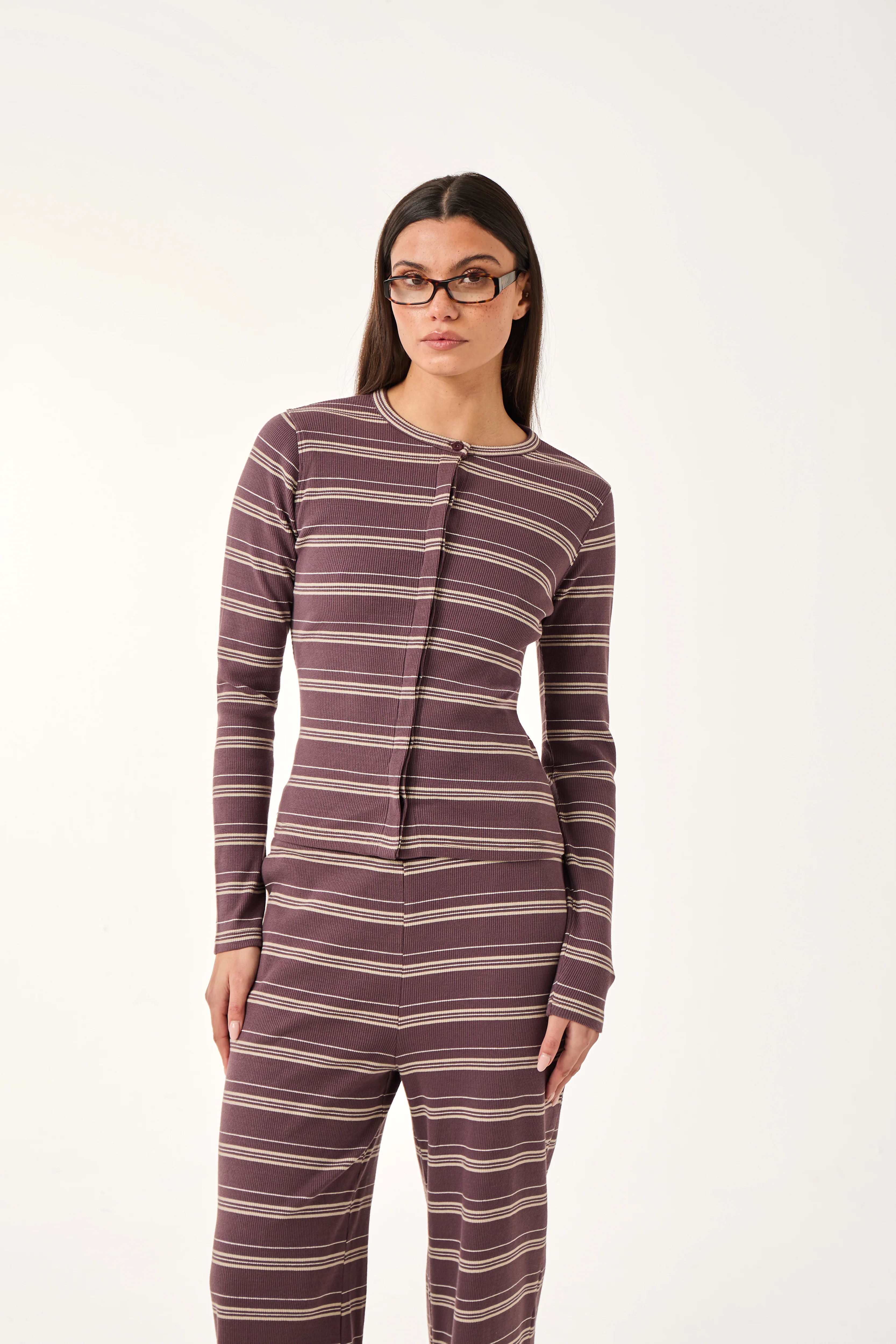 Rib Stripe Button Front Top
